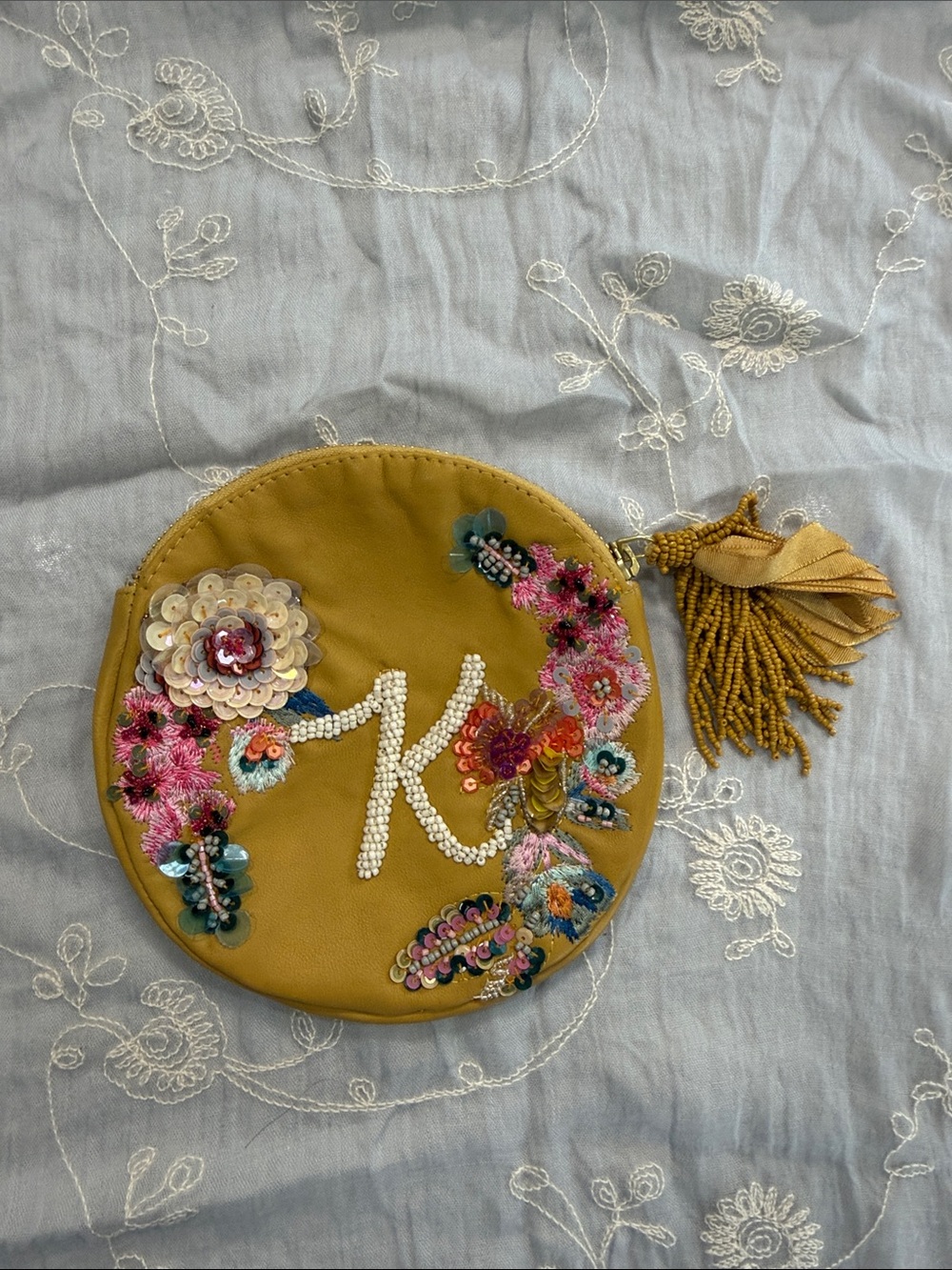 Anthropologie Mustard Embellished Round Key & Card Holder with Tassel